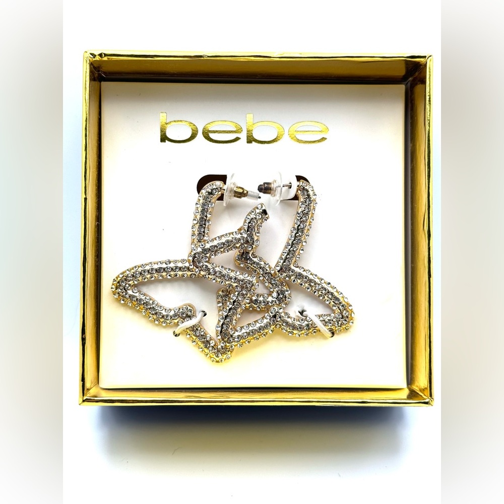 Bebe Gold Rhinestone Butterfly Drop Earrings NWT w/ Box Y2K Glam